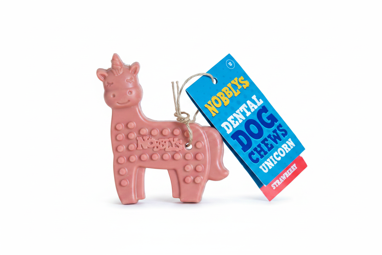 Nobbly's Dental Dog Chews Unicorn Strawberry on white background
