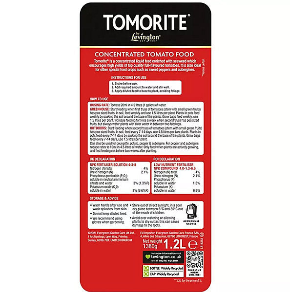 2 FOR 1 OFFER - Levington Tomorite Liquid Concentrate 1.2L 20% Extra Free