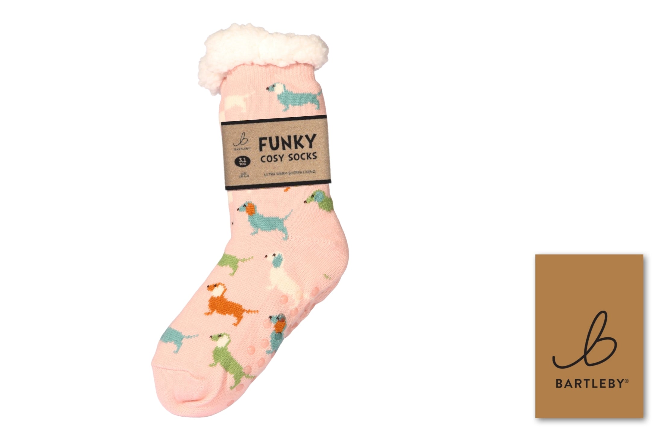 Bartleby ladies sherpa cosy socks in pink with a dachshund print