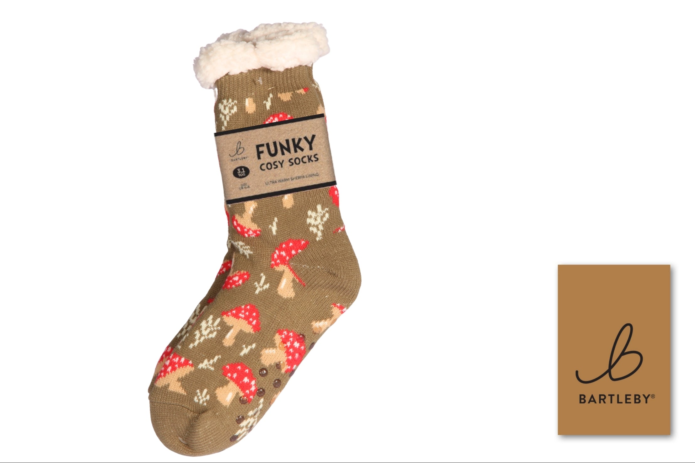 Bartleby ladies sherpa cosy socks in olive with a red toadstool print