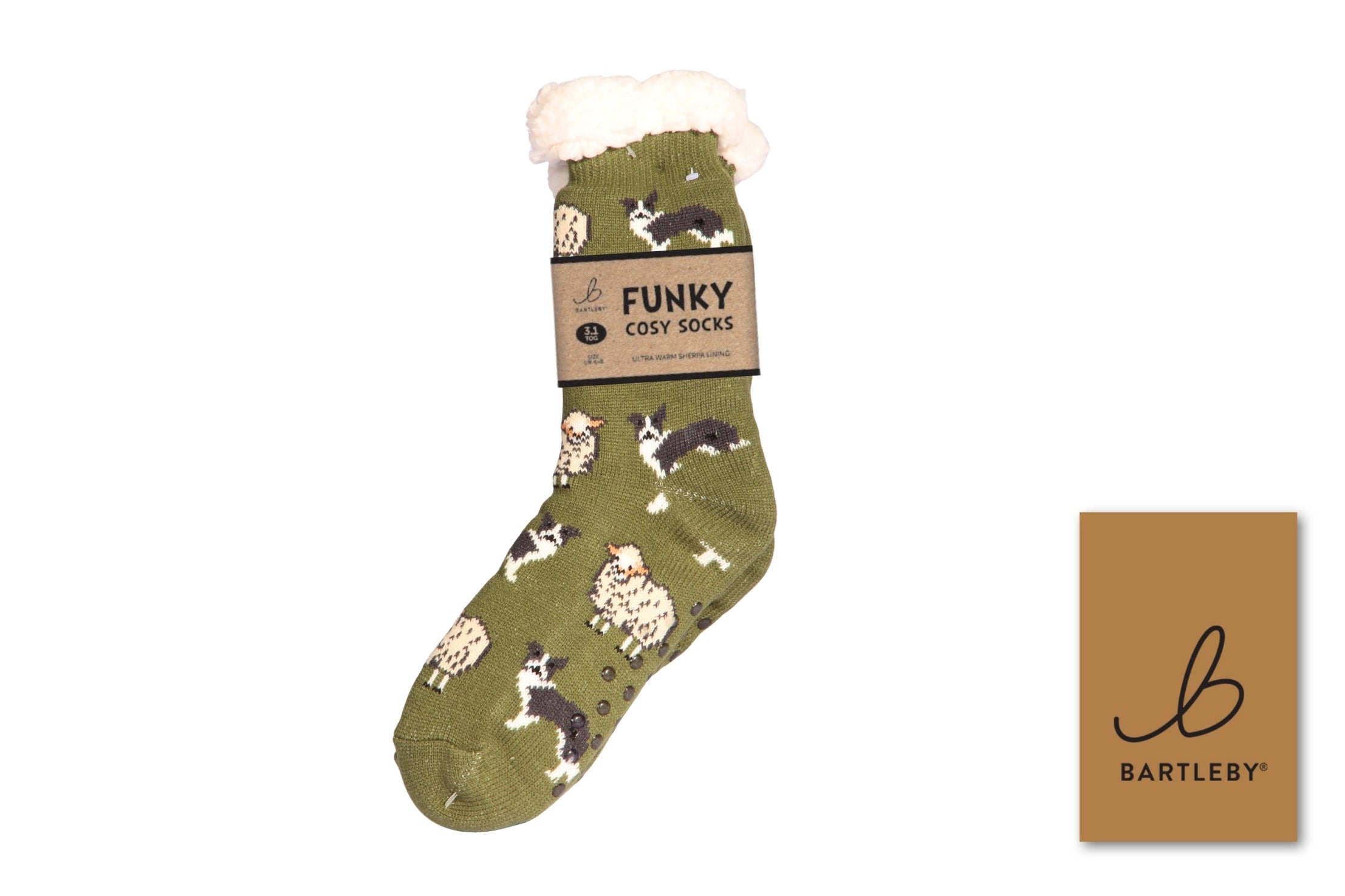 Bartleby men's sherpa cosy socks in green with a sheep and sheepdog print