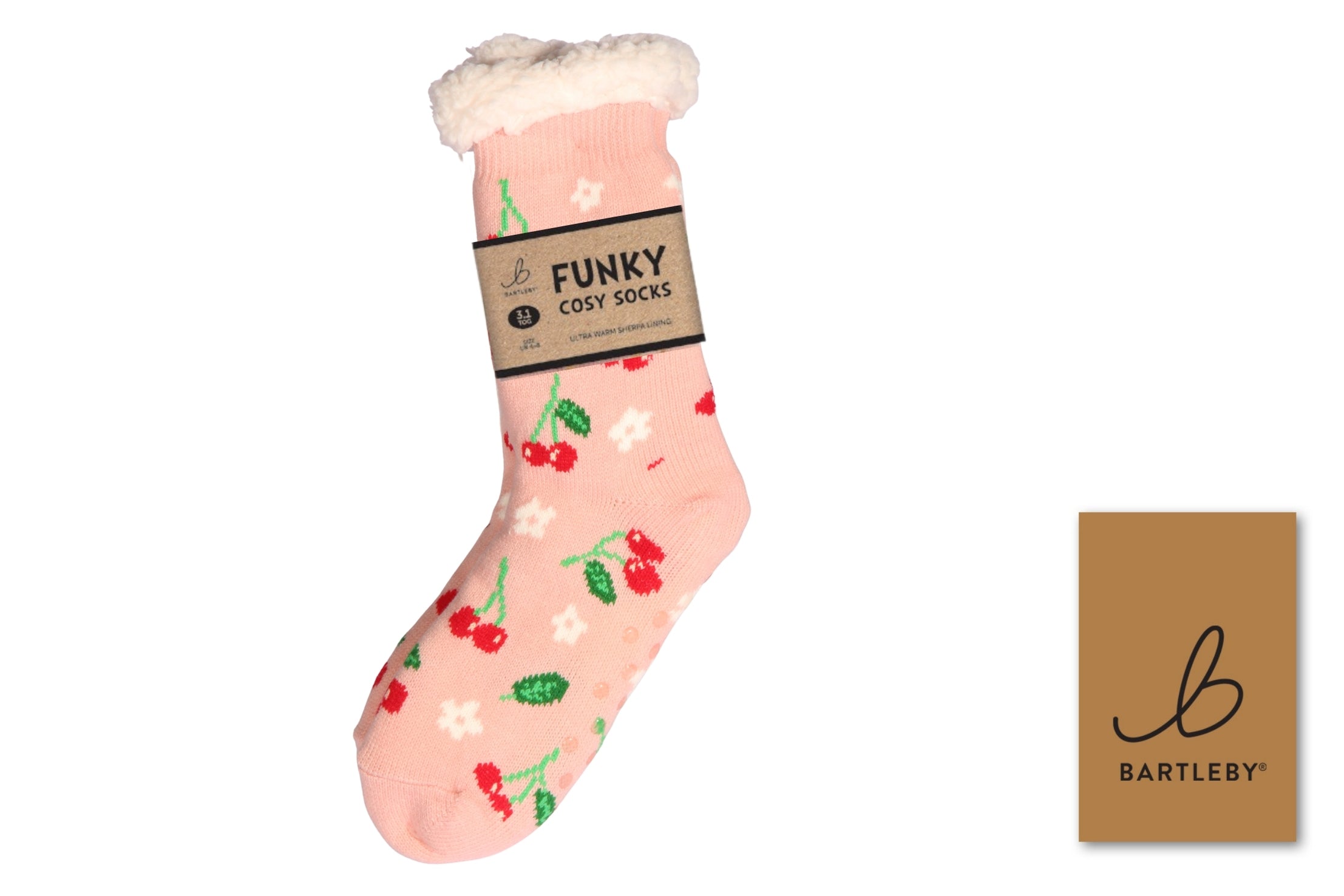 Bartleby ladies sherpa cosy socks in pink with a red cherry and flower print
