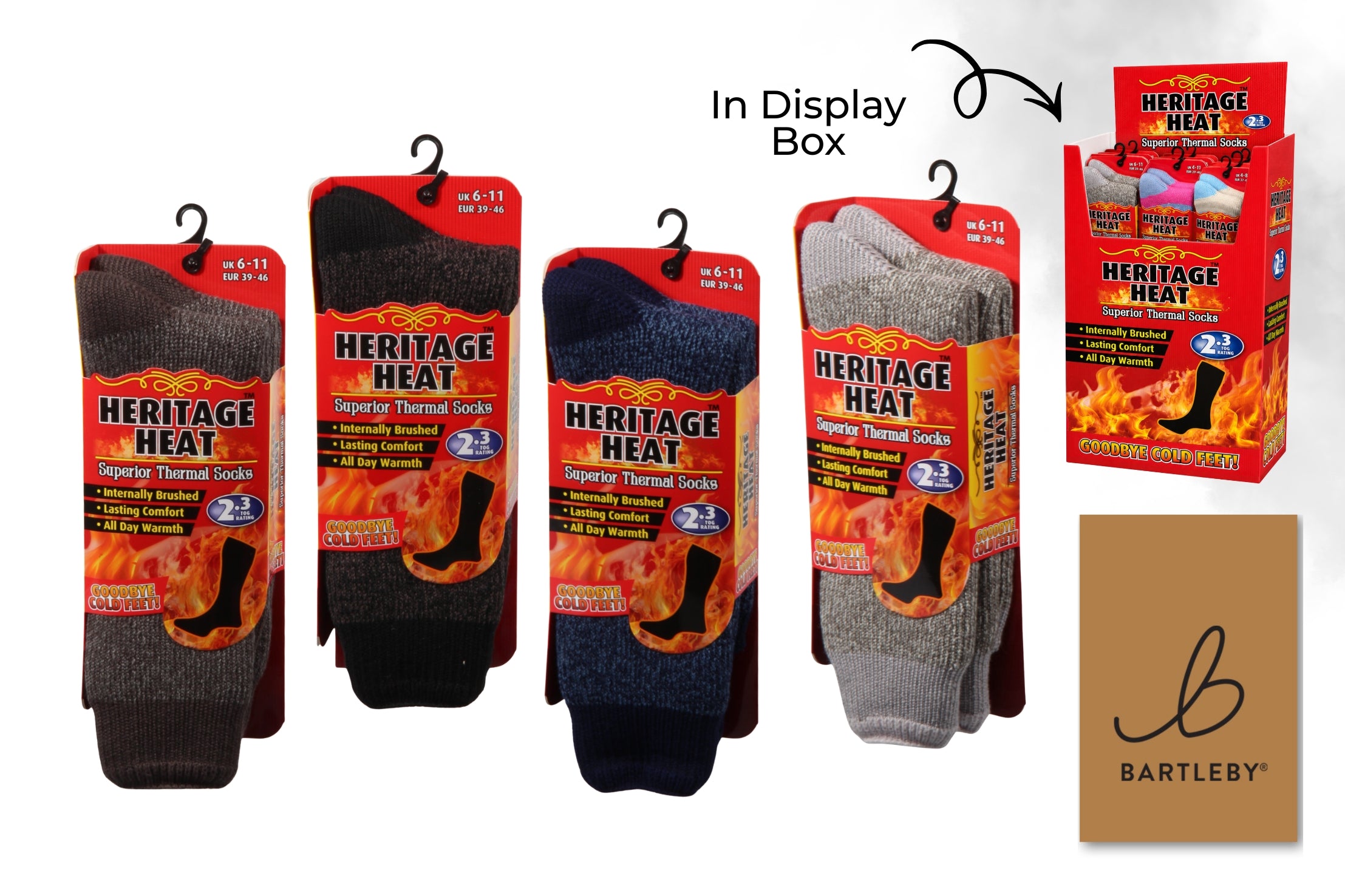 Bartleby Heritage Heat men's thermal socks in assorted marl colours beside the shop display box