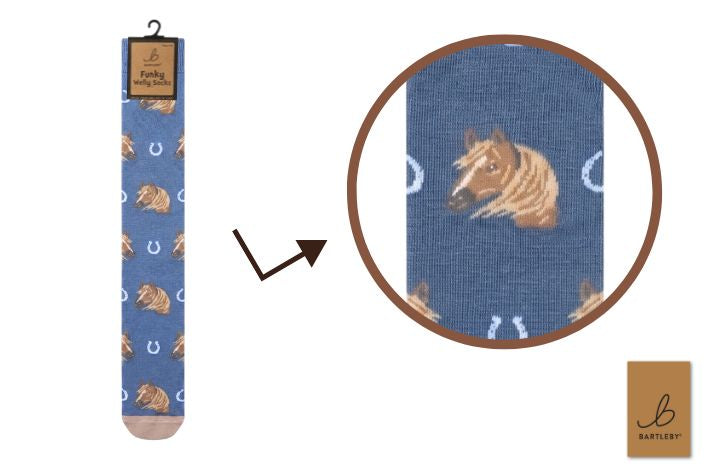 Bartleby ladies funky welly socks in blue with horse heads and horseshoes