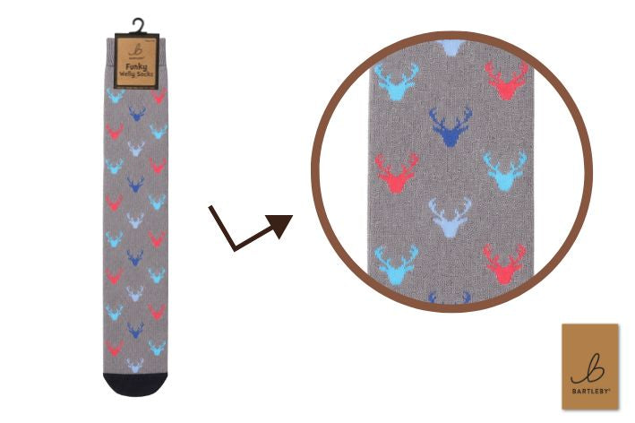 Bartleby funky welly socks in grey with red, blue and turquoise stag heads