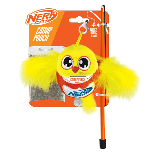 Nerf Cat plush bird toy with bell and wand, yellow and orange, 3.5 inches