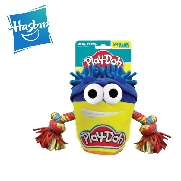 Hasbro Play-Doh Do-Doh T-shirt rope tug dog toy, yellow and blue, 7 inches