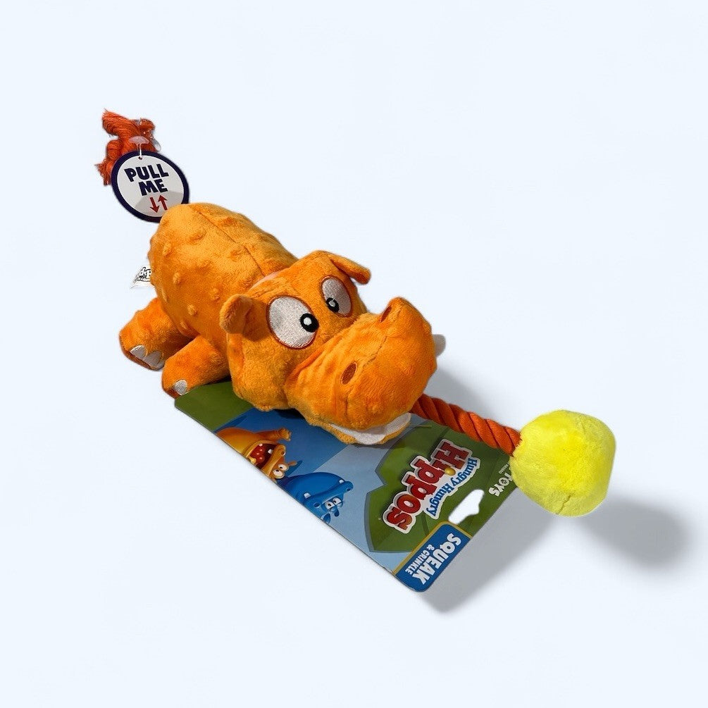 Hasbro Hungry Hungry Hippos 17-inch orange and yellow plush dog toy, squeak and tug