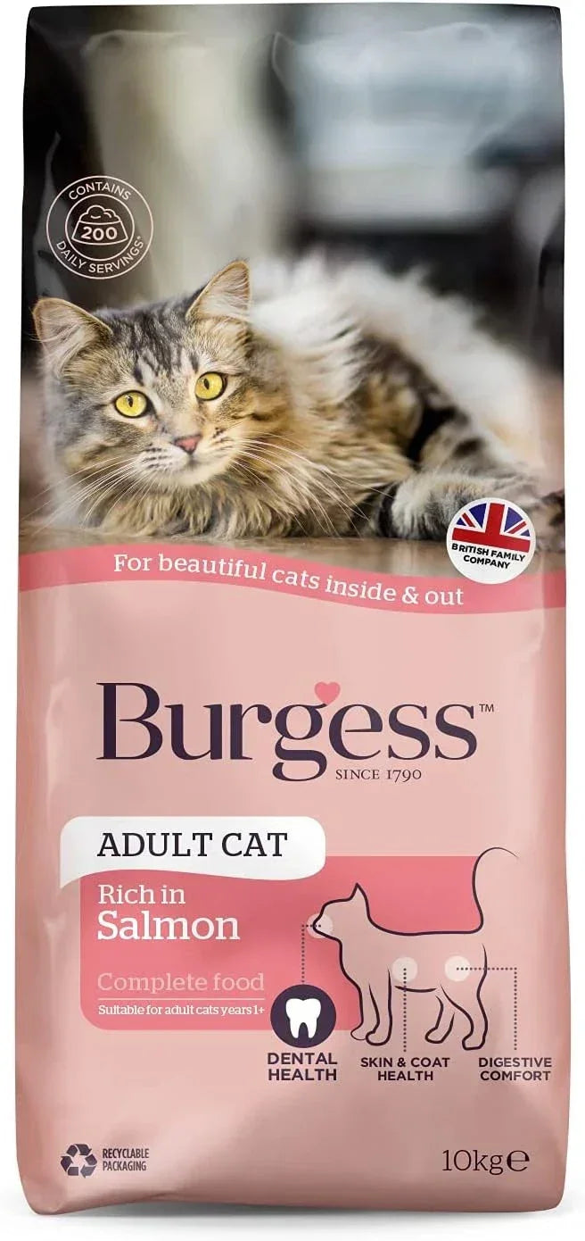 Burgess Dry Cat Food for Adult Cats Rich in Salmon, 10 kg