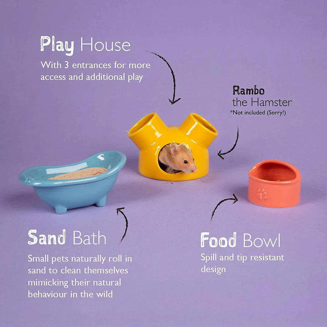 Scruffs Small Pet Colours Ceramic Set – House, Sand Bath & Food Bowl for Hamsters & Gerbils