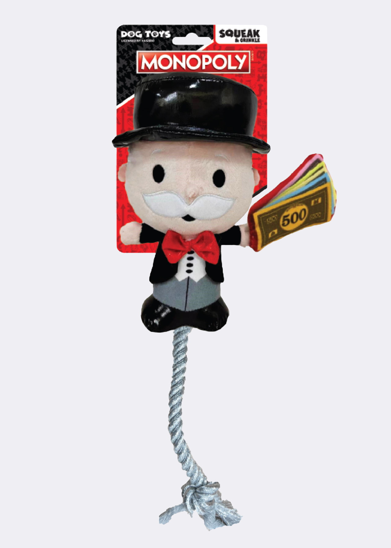 Hasbro Monopoly Mr. Moneybags 8-inch plush dog toy with rope tug, squeak and crinkle