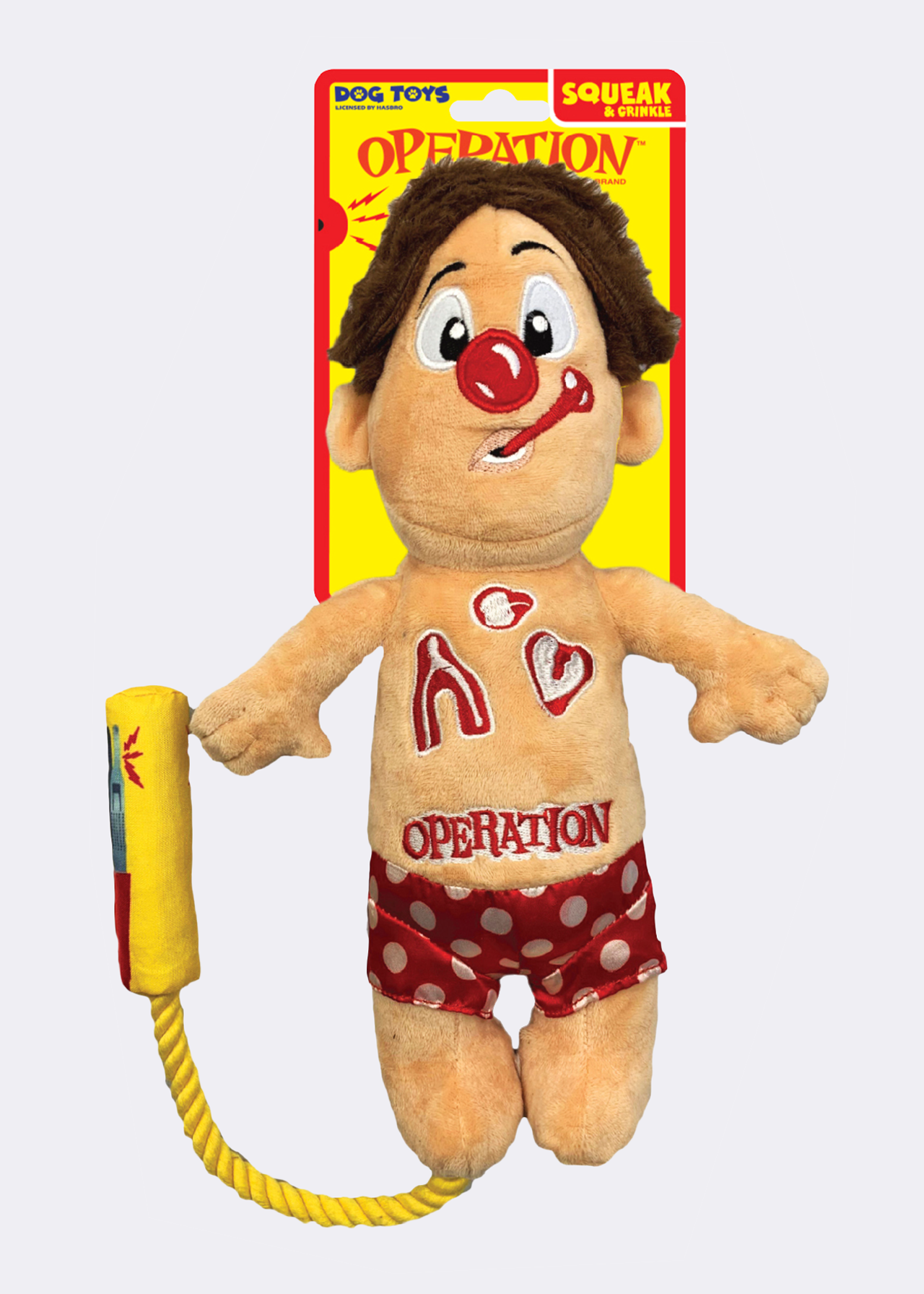 Hasbro Operation Cavity Sam 12-inch plush dog toy with rope tug, squeak and crunch