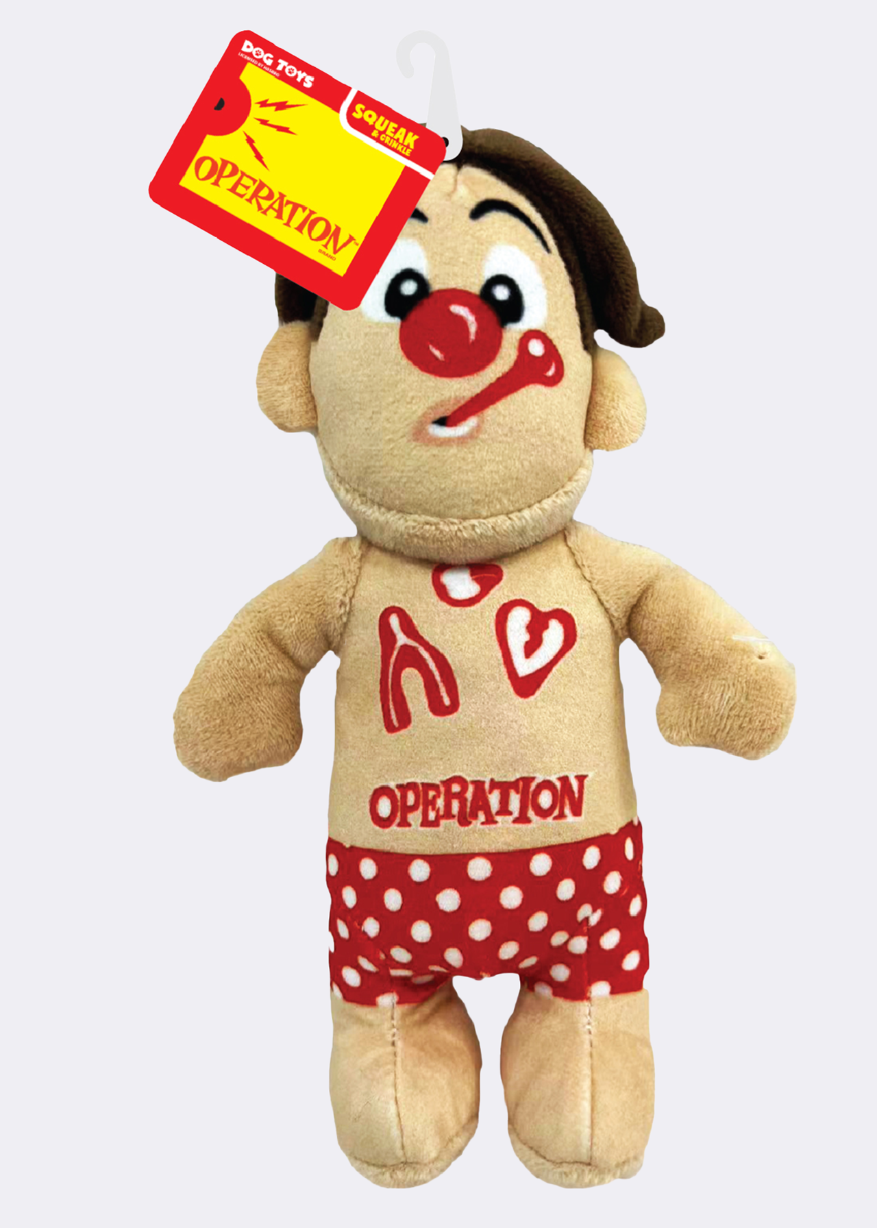 Hasbro Operation Cavity Sam 10-inch tan and red plush dog toy, squeak and crinkle