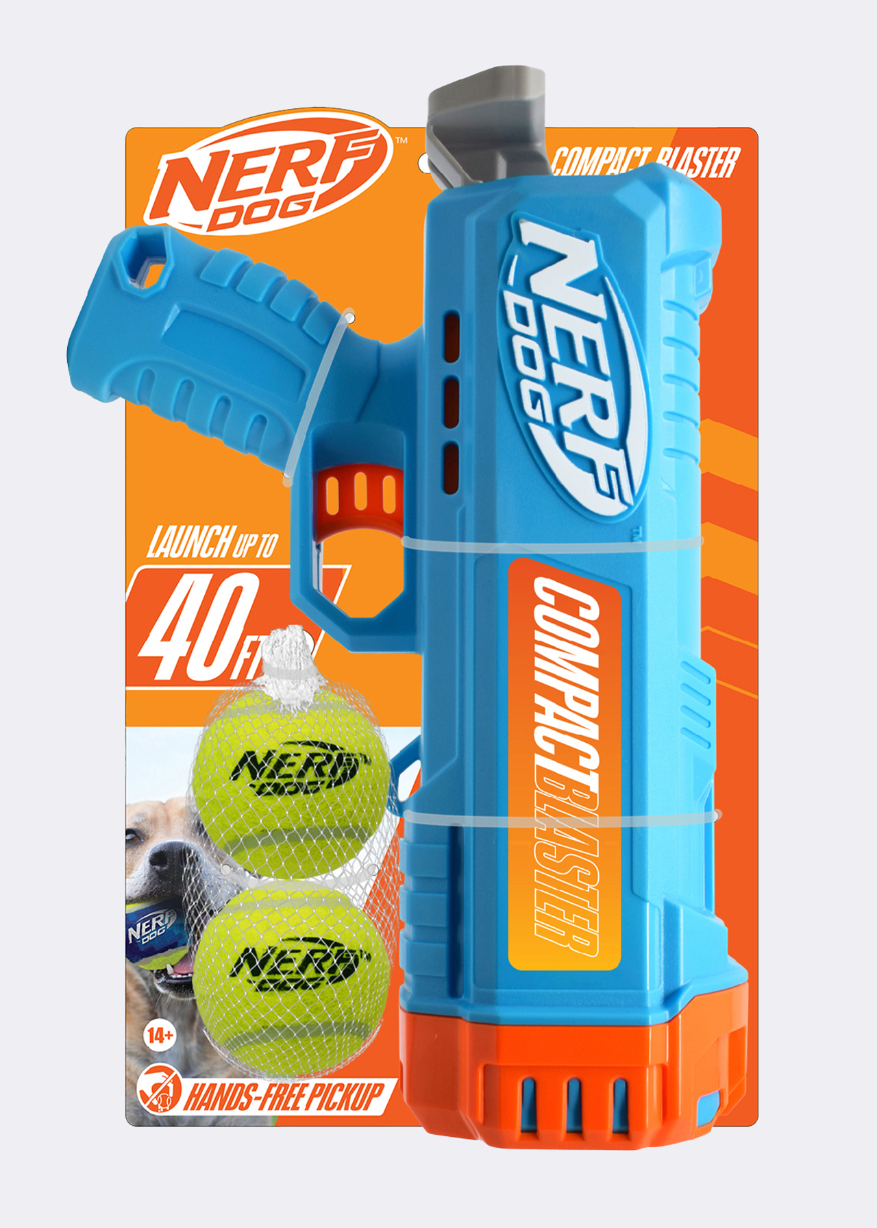 Nerf Dog 12 inch compact tennis ball blaster with 2.5 inch non-squeak tennis balls, 2 pack