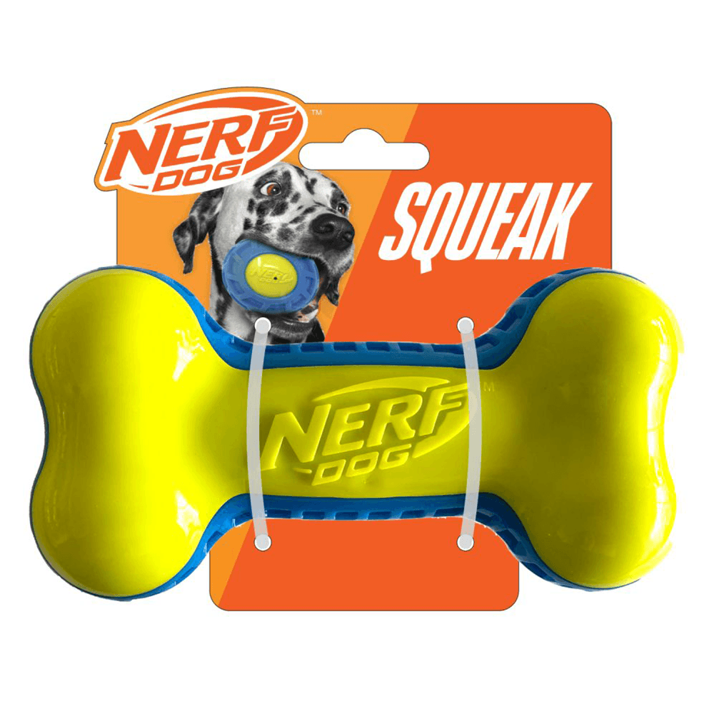 Nerf Dog Exo Micro Squeak Bone dog toy, 7 inch, blue and green